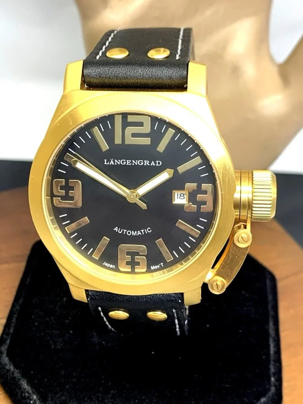 Längengrad Men's Watch 121 Automatic Gold Black Dial Date Leather Strap 44mm